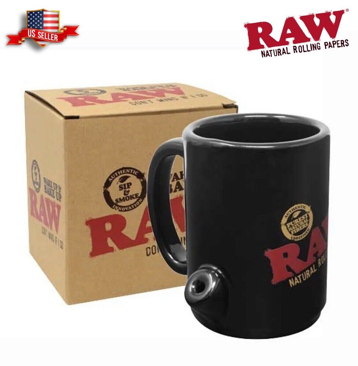 Raw Wake and Bake Mug - Ceramic Coffee Cup with Built-In Pipe Holder Stoner Gift