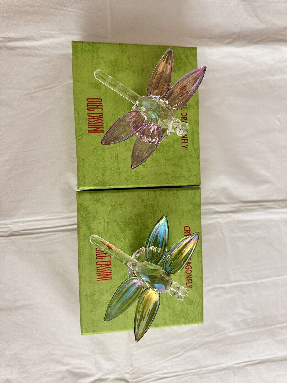 2 Oleg Cassini Crystal Iridescent Dragonfly Paperweight Sun Catcher Signed