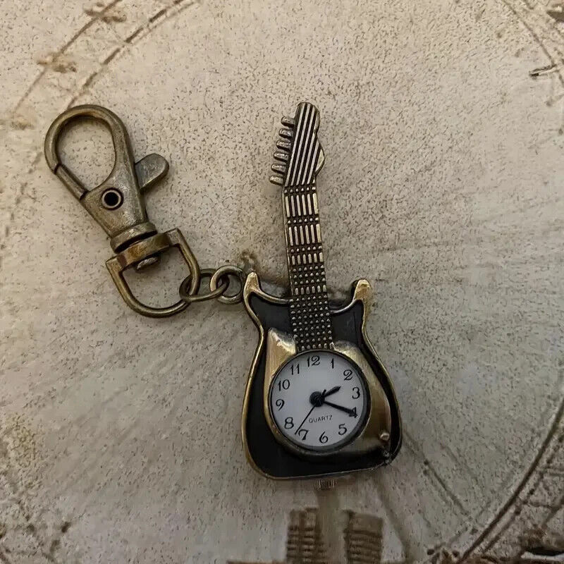 Classic Vintage Guitar Pocket Watch Creative Bronze Keychain Novelty Watch Gifts