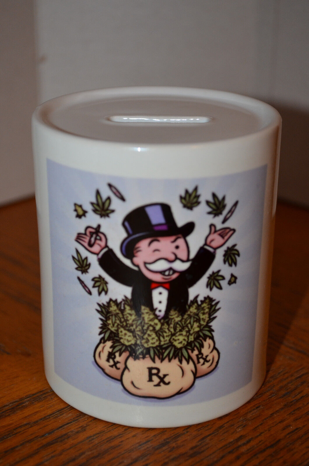 Medical Marijuana Weed Leaf Monoply Ceramic Coin Bank Piggy Bank Funny