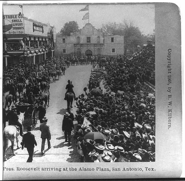Pres Roosevelt arriving at the Alamo Plaza, San Antonio, Tex Old Photo