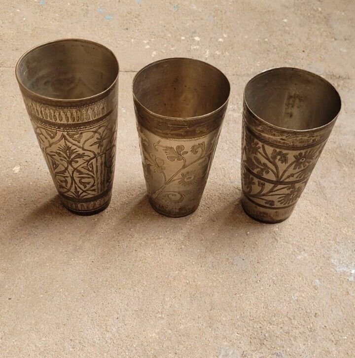 3 PCS VINTAGE BRASS HAND CRAFTED ENGRAVED MILK/LASSI GLASS NICE PATINA