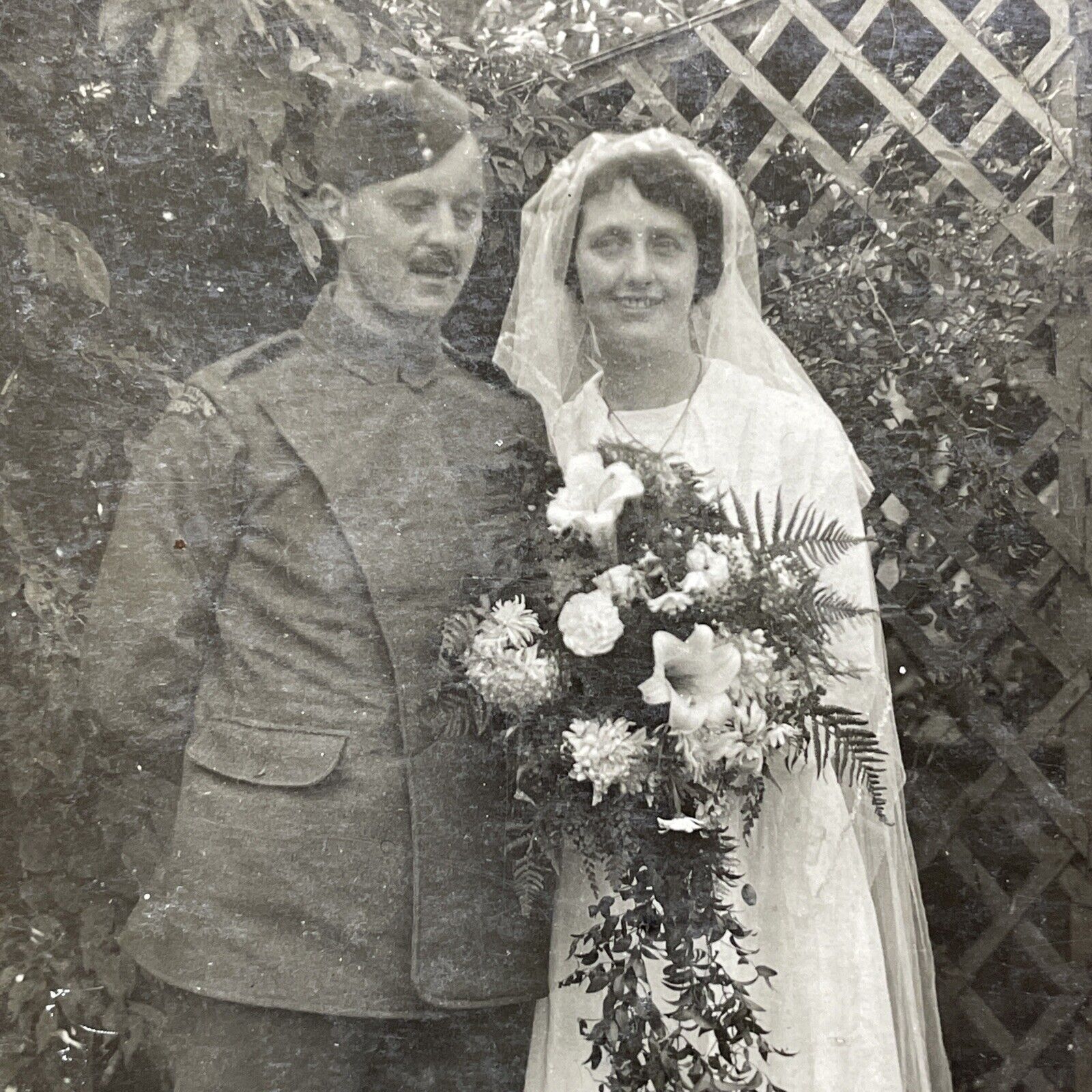 Antique 1910s WW1 Canadian Soldier Wedding Bride Real Photo RPPC Postcard V3499