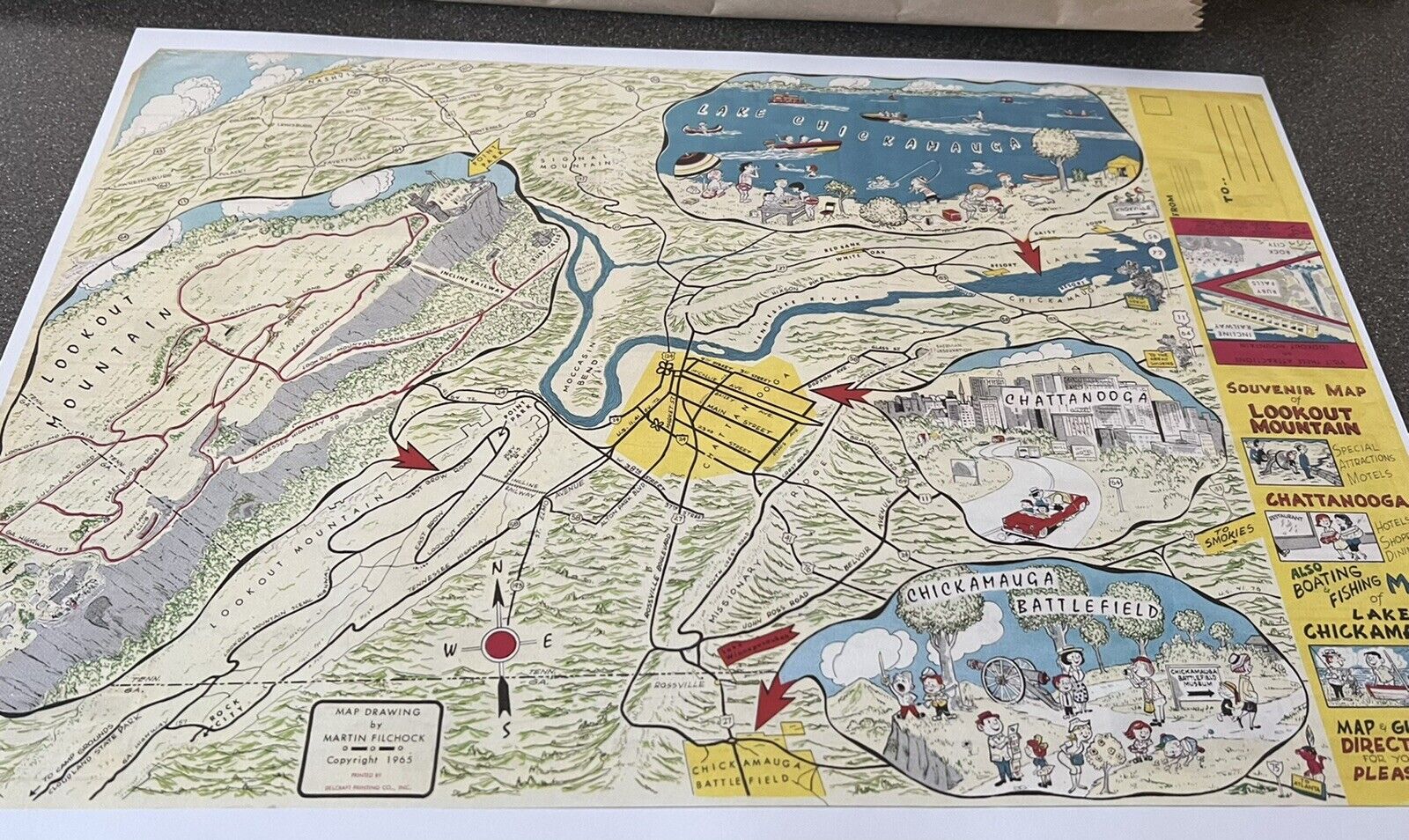 Martin Filchock Tourist Map of Chattanooga, TN 1965 reprint Cartoon