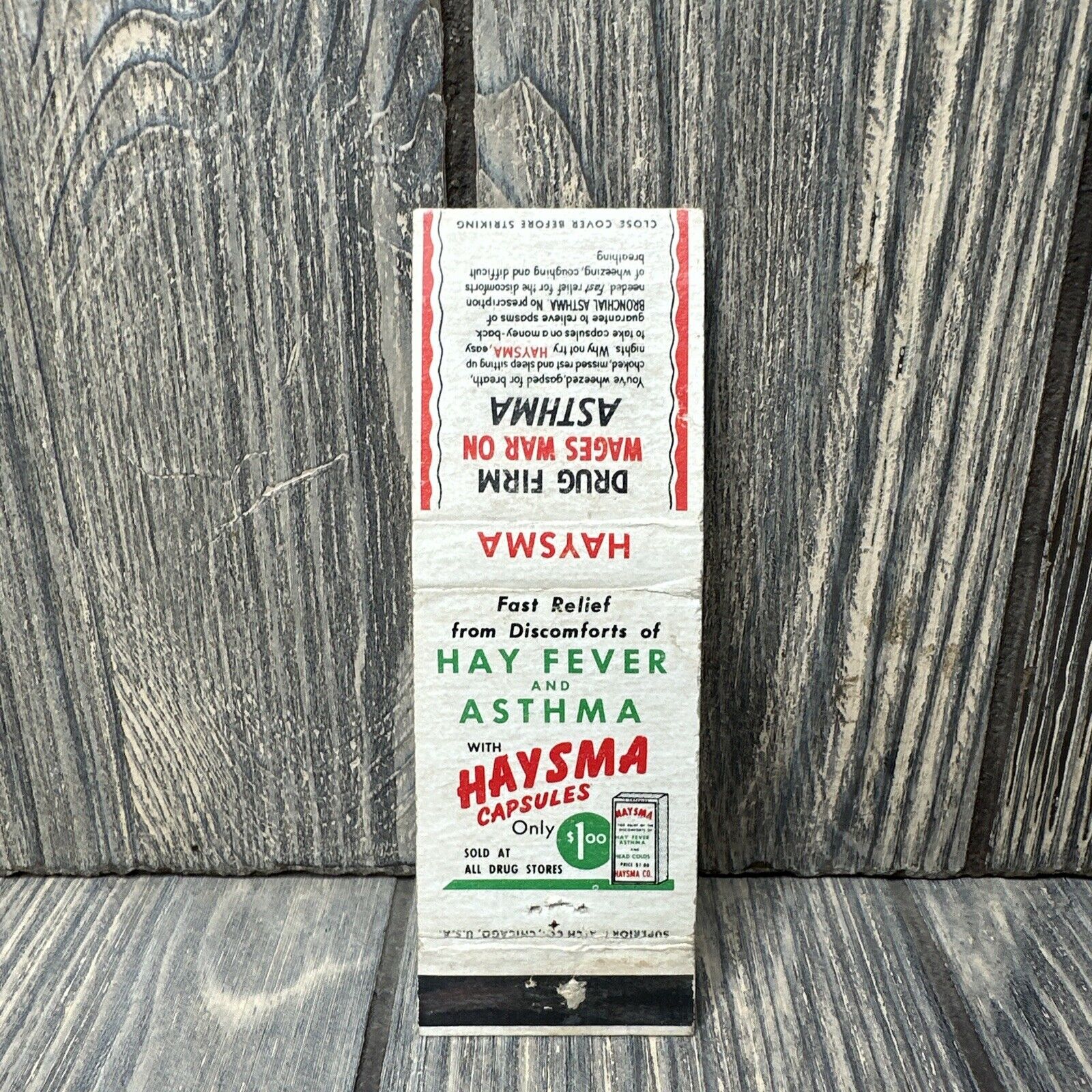 Vtg Haysma Capsules Hay Fever Asthma Matchbook Cover Advertisement
