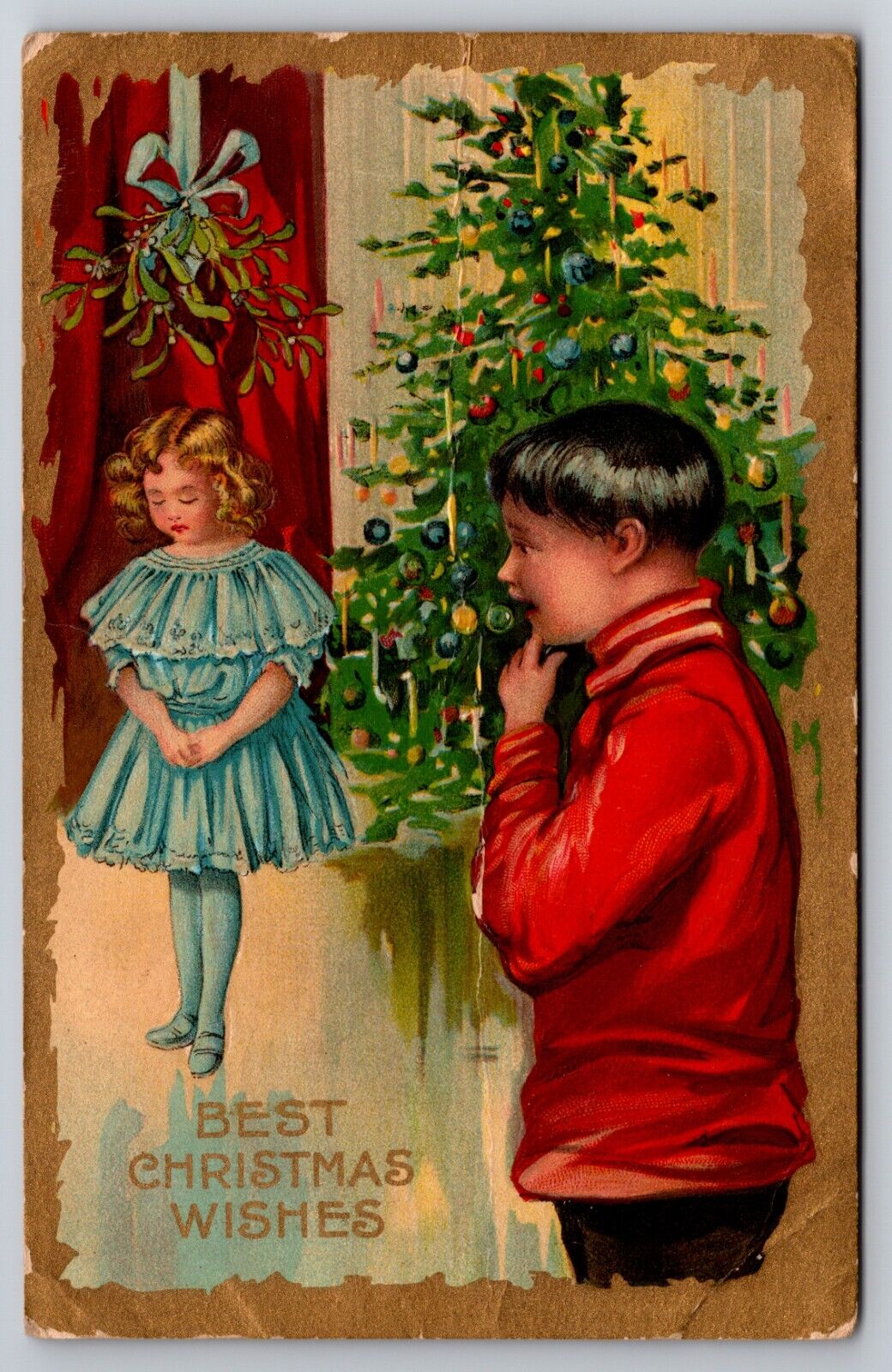 Best Christmas Wishes Boy & Girl Christmas Tree Ornaments c1910 Postcard