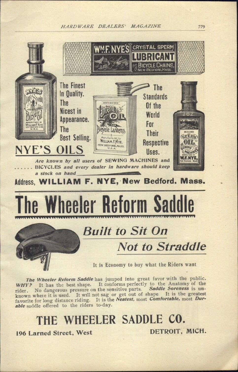 1897 PAPER AD Antique Vintage Nye\'s Pure Sperm Whale Oil Bicycle Lantern Bottle
