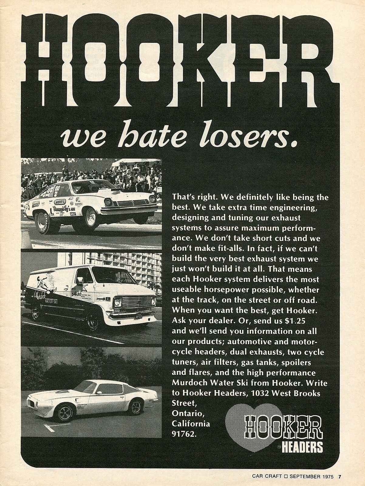 1975 Hooker Headers We Hate Losers Funny Car Van & Pontiac Firebird Trans Am Ad