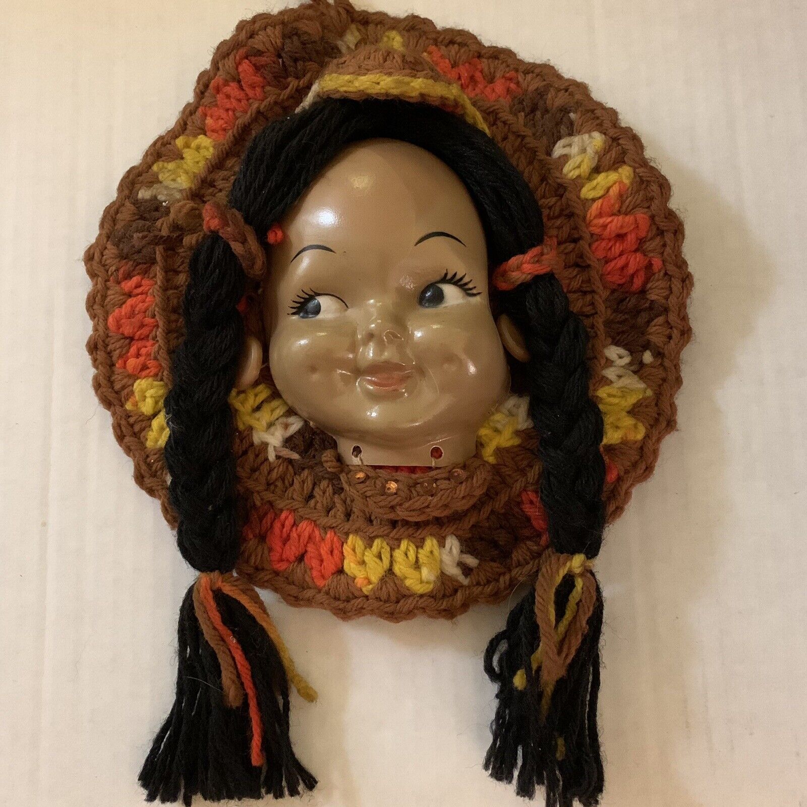 Vintage Crochet Hand Crafted Native American Doll Head Wall Hanging Southwest