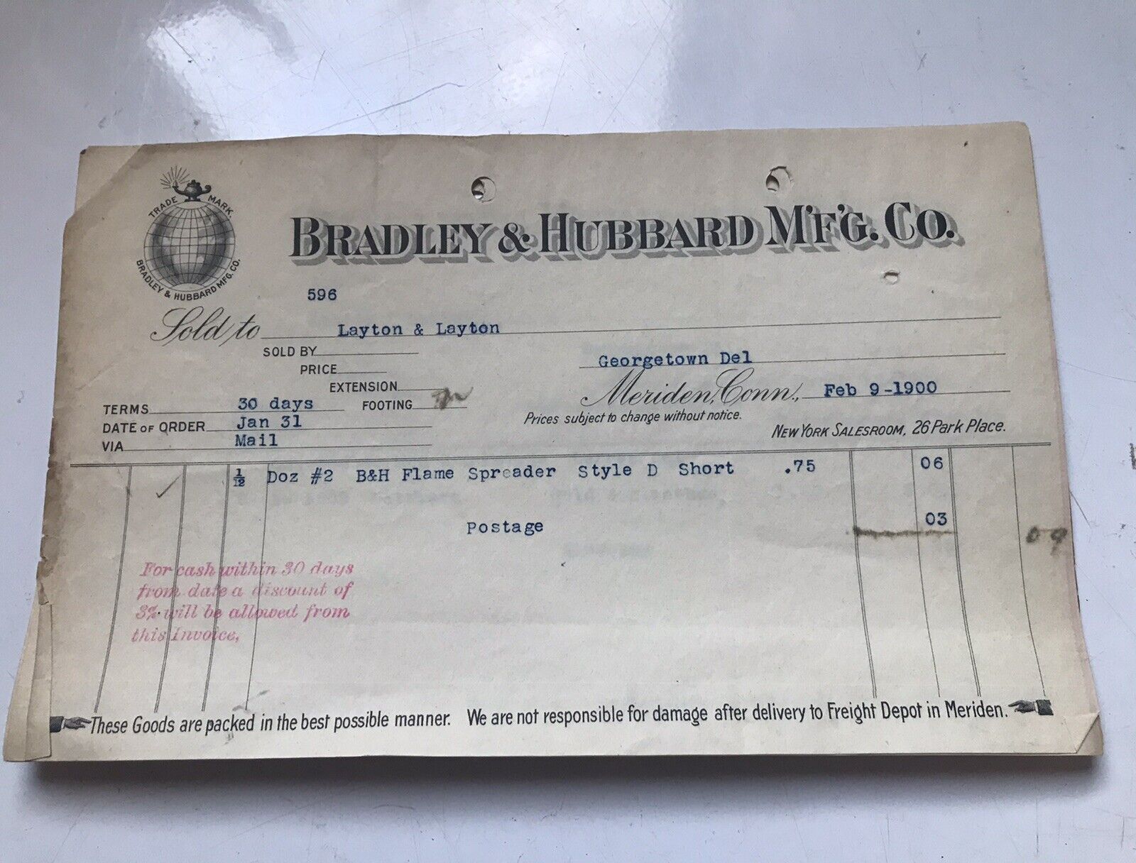 Original Bill Of Sale Invoice BRADLEY & HUBBARD Lamp Parts C 1900 paper Ephemera