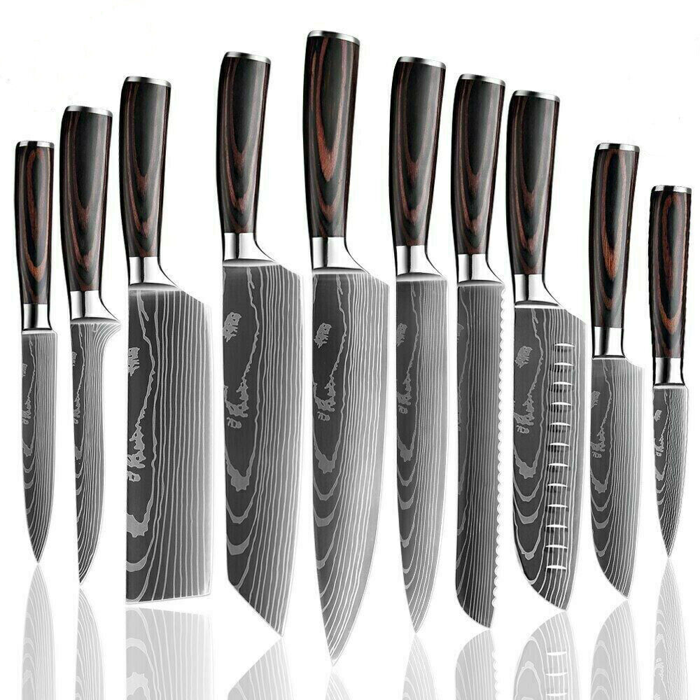10PC Japanese kitchen knives Laser Damascus pattern chef knife Set & Scabbard US