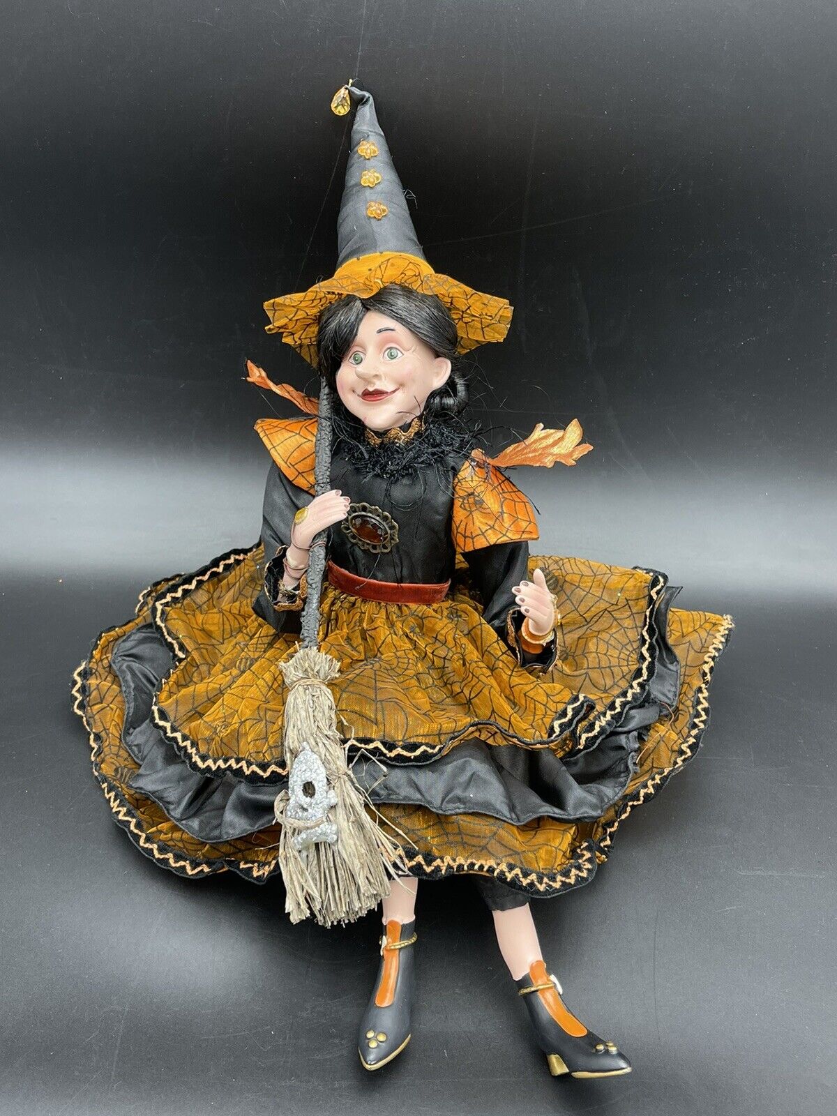 Vintage Halloween Sitting Shelf Witch Doll Figurine 20” Tall Orange/Black