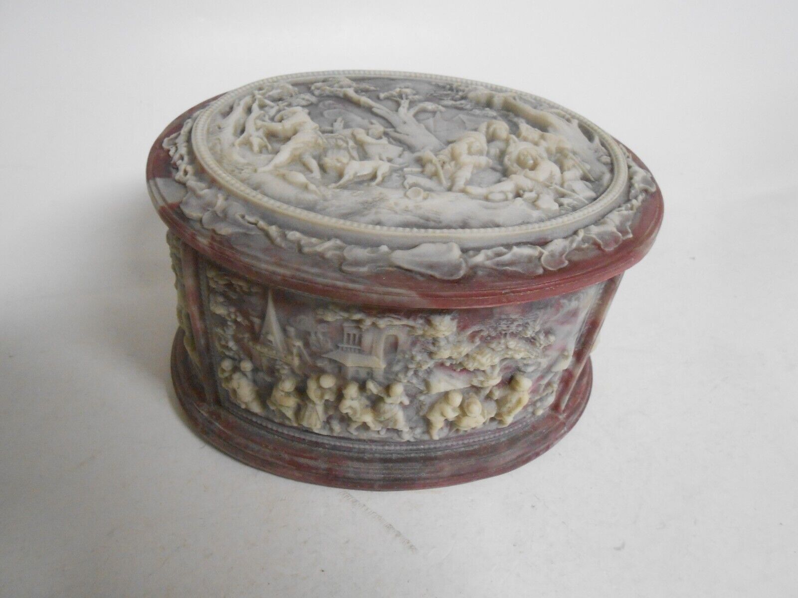 Vintage  Incolay stone jewelry Trinket box High Relief Village hunt Design