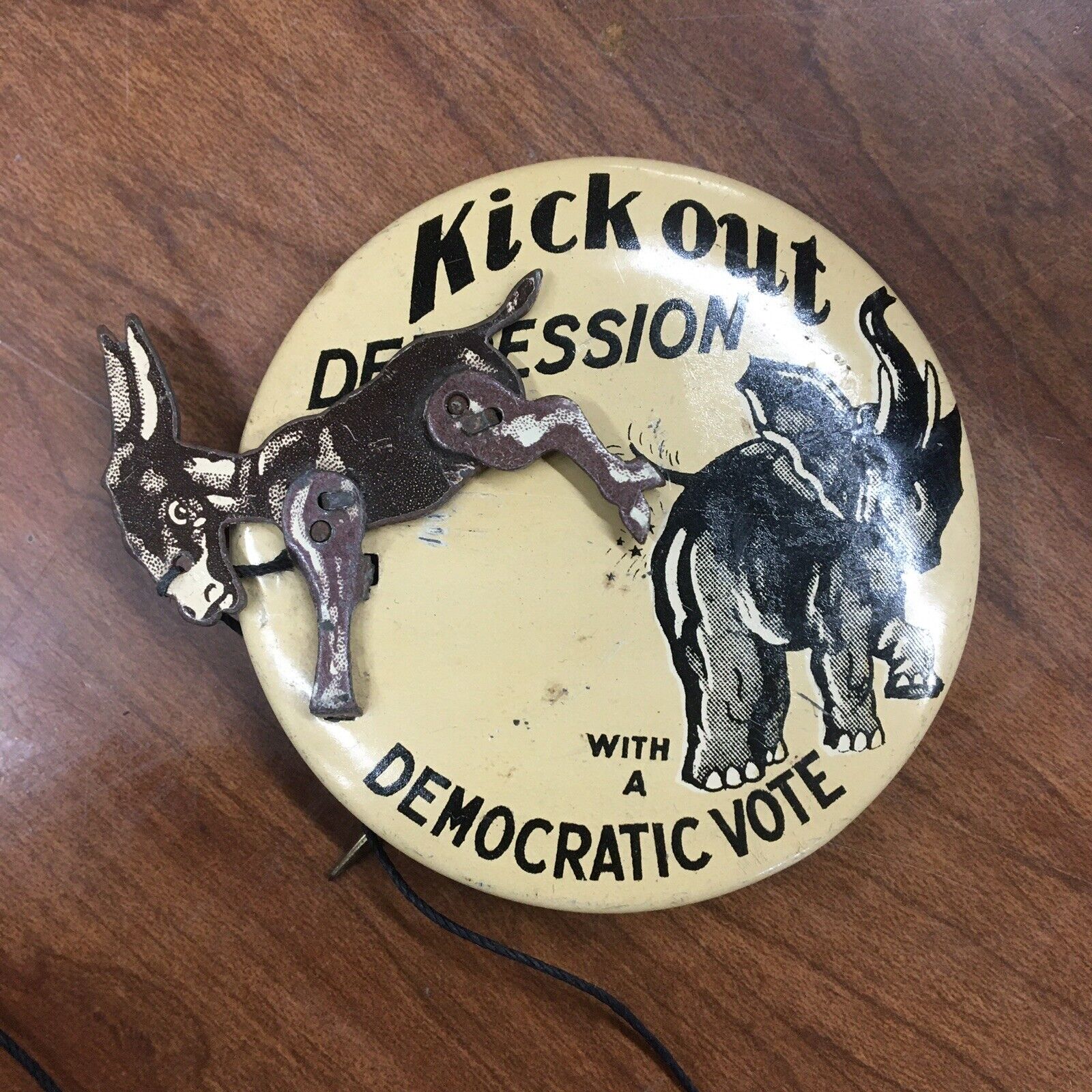Vintage 1932 Kick Out Depression with Democratic Vote Mechanical Pinback Button