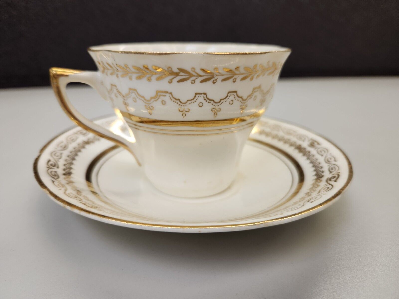 Vintage CROWNFORD, Bone China Tea Cup & Saucer, Gold Pattern & Trim, England
