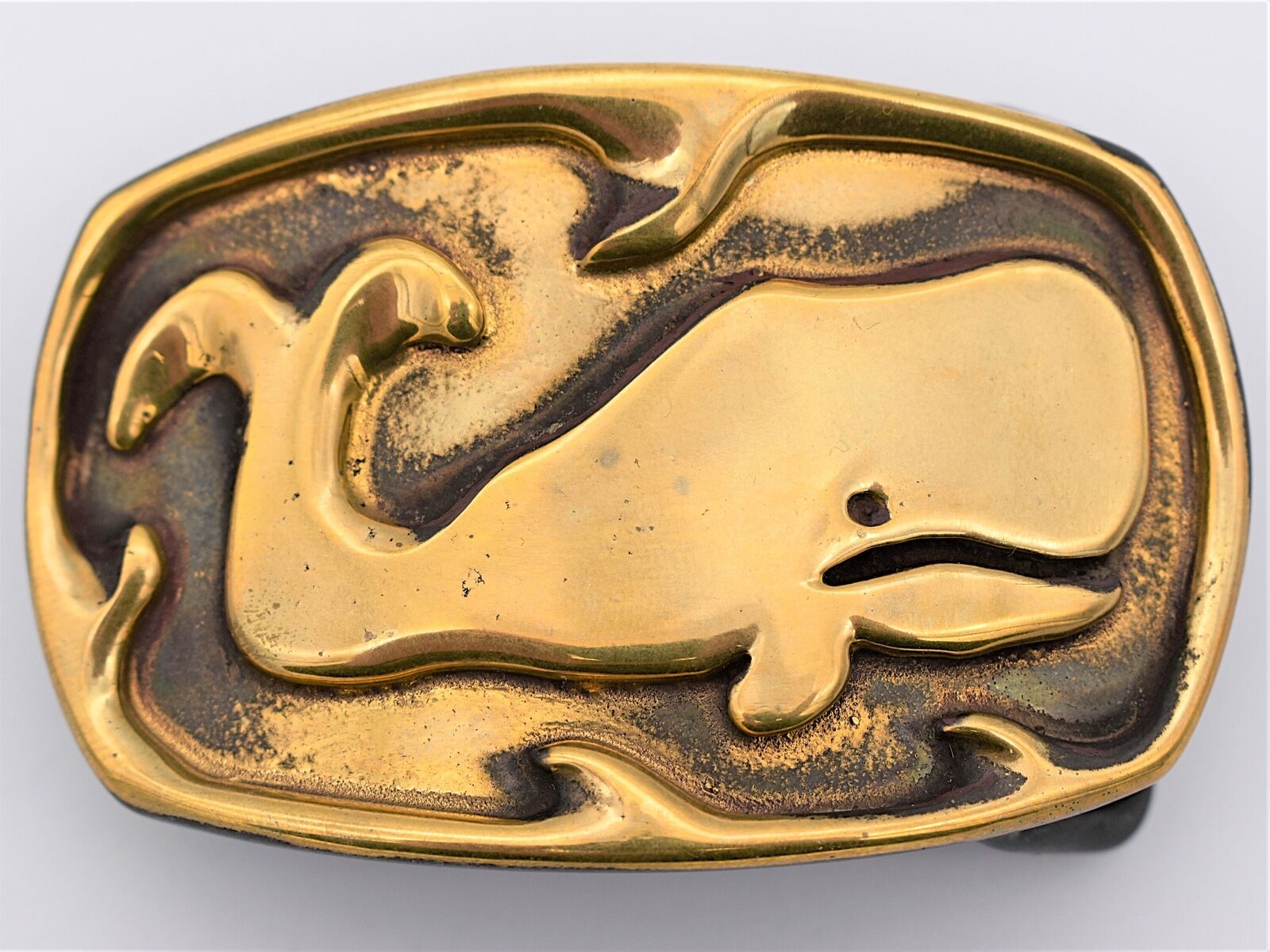 TMT Artist Signed 1970s Whale Handmade Solid Brass Vintage Belt Buckle