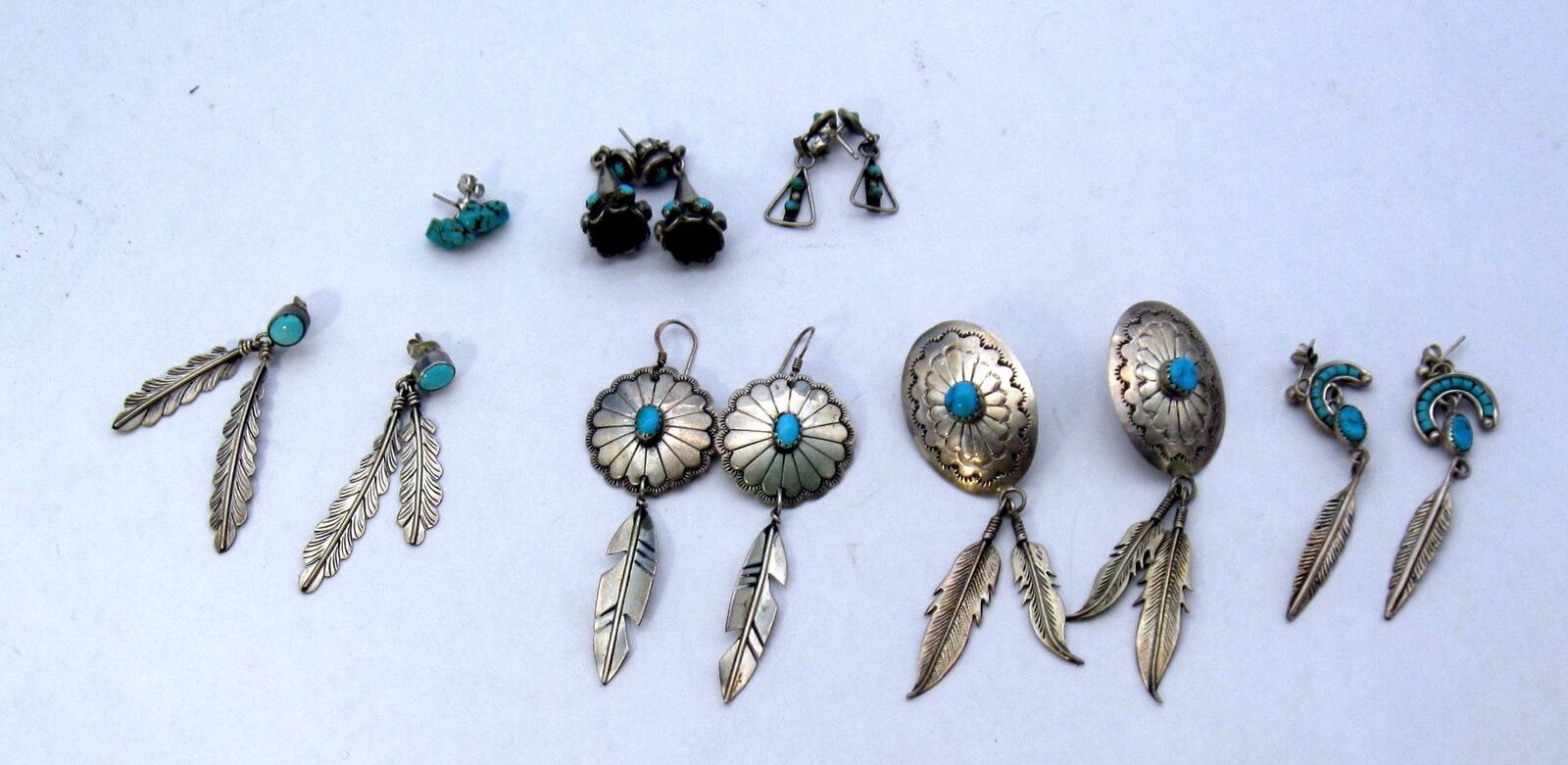 Native American Silver Turquoise Earring Vintage Box Lot 10 Pair