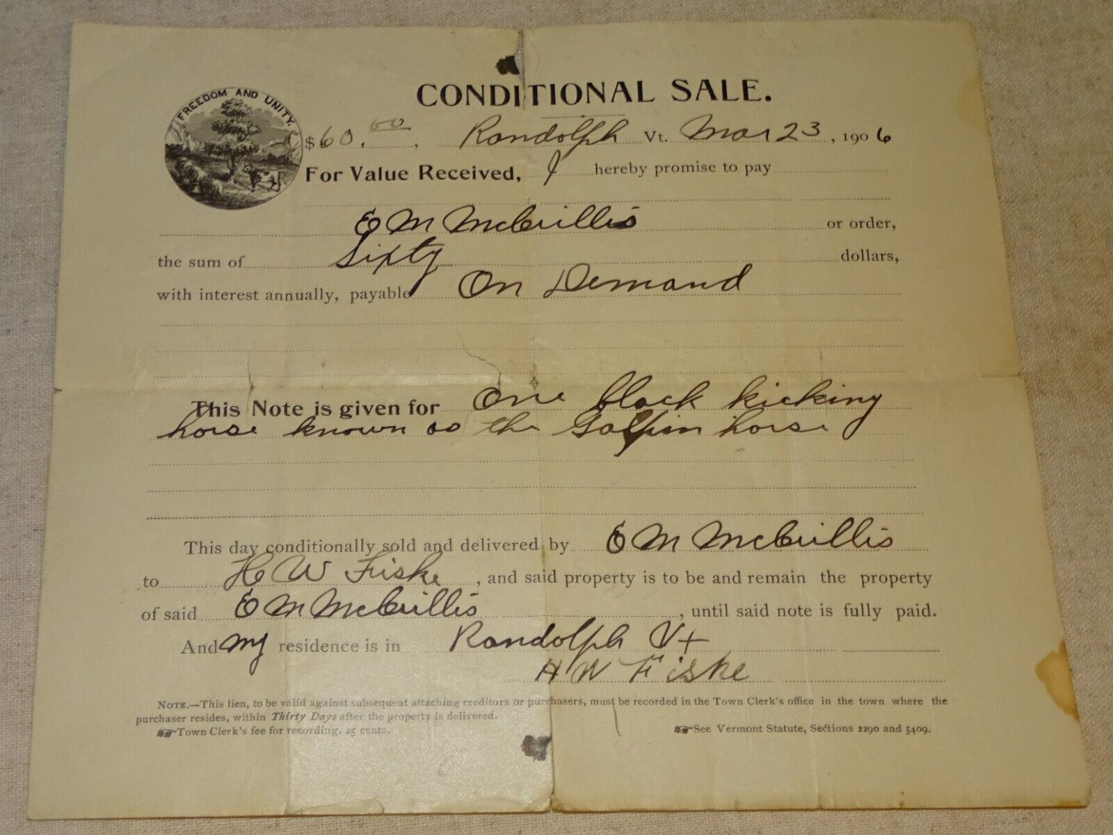 1906 Randolph VT Bill of Sale $60 for One Kicking Horse - Edgar Hatch Town Clerk