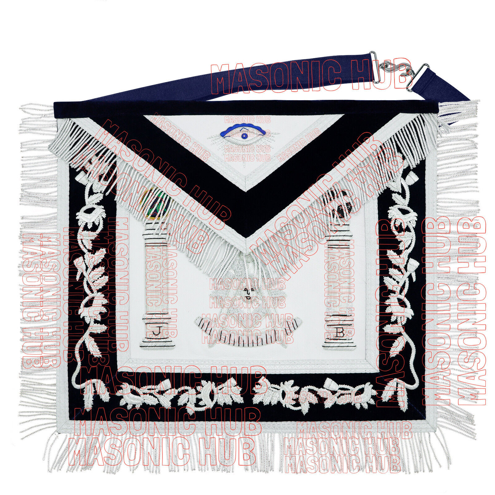 Hand Masonic Past Master Sheep Apron Silver Bullion Embroidered Navy Blue Velvet