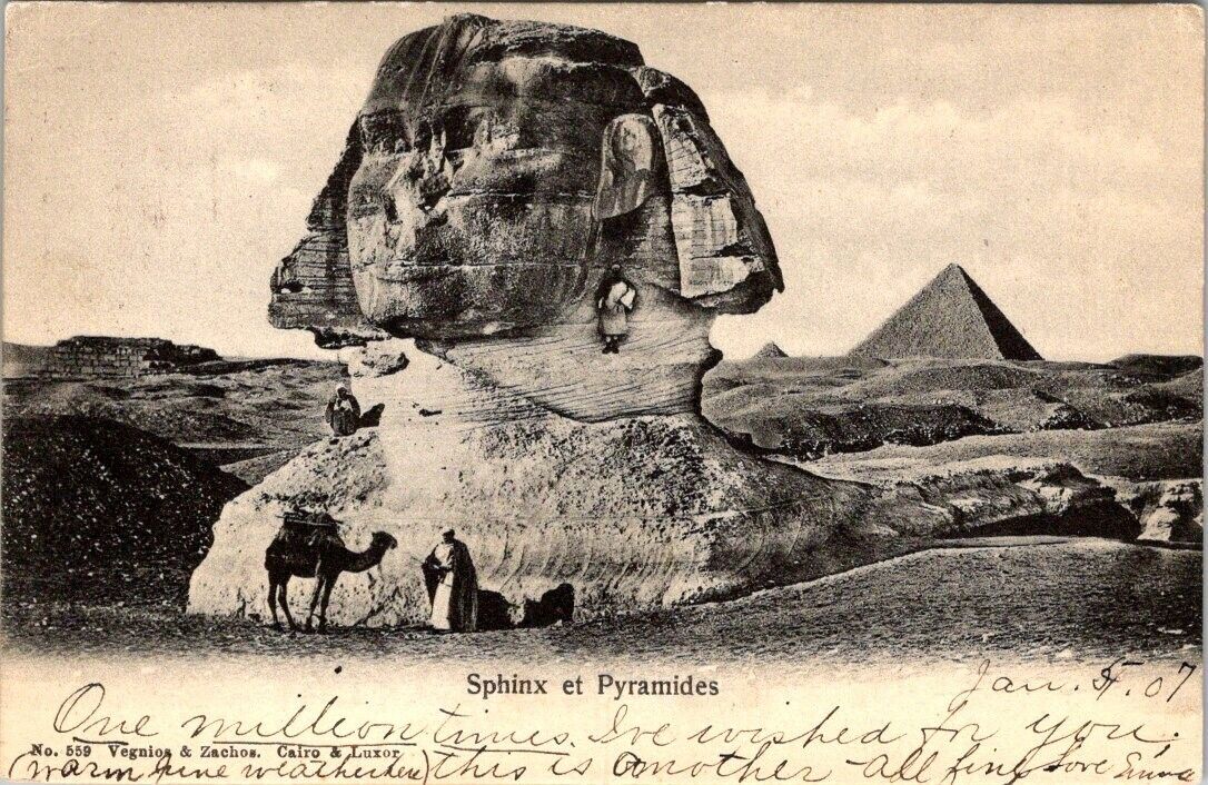 Rare vintage Egyptian postcard posted 1907 - The Sphinx and the Pyramids