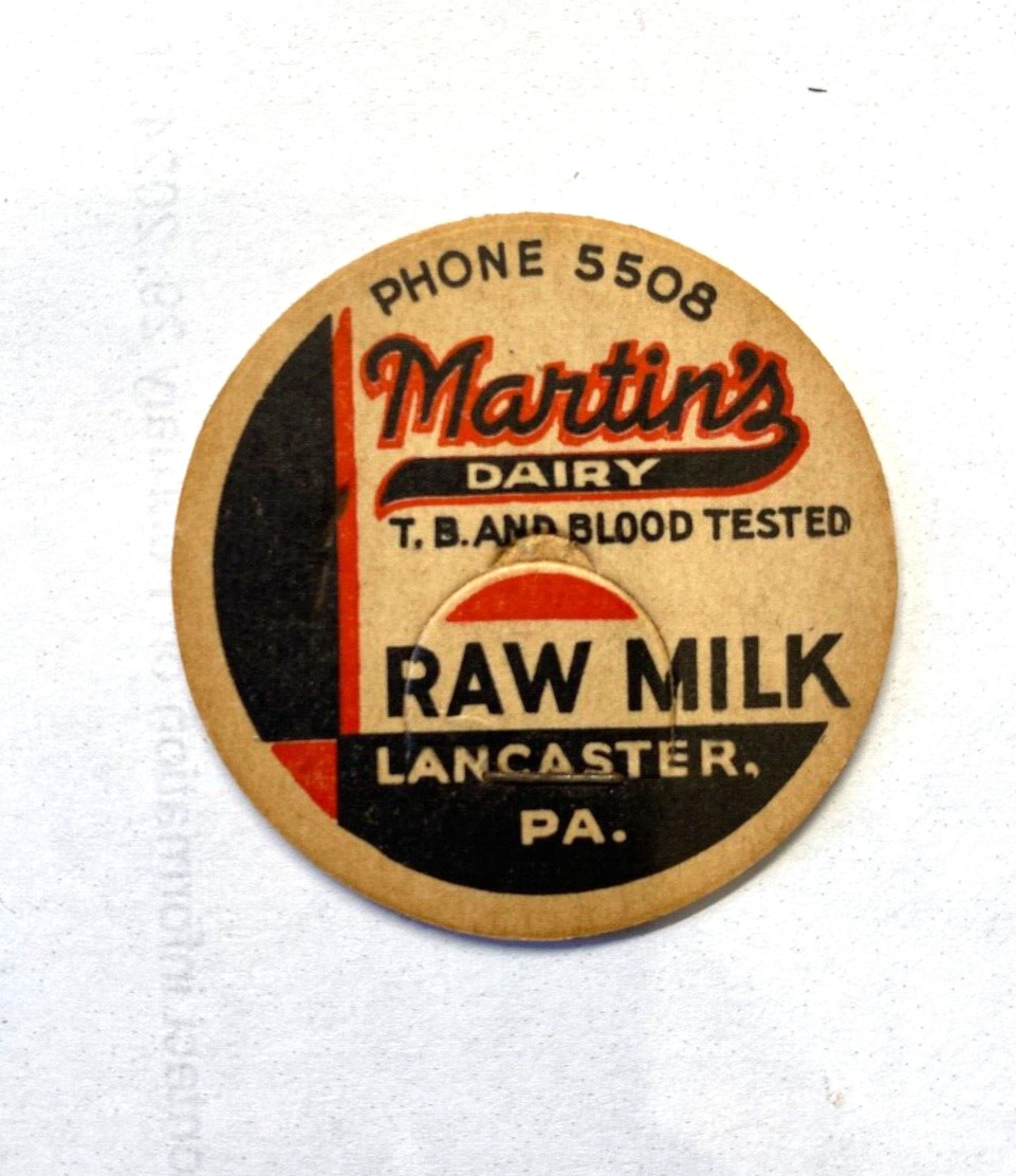 Martin\'s Dairy raw milk bottle cardboard cap from Lancaster, PA