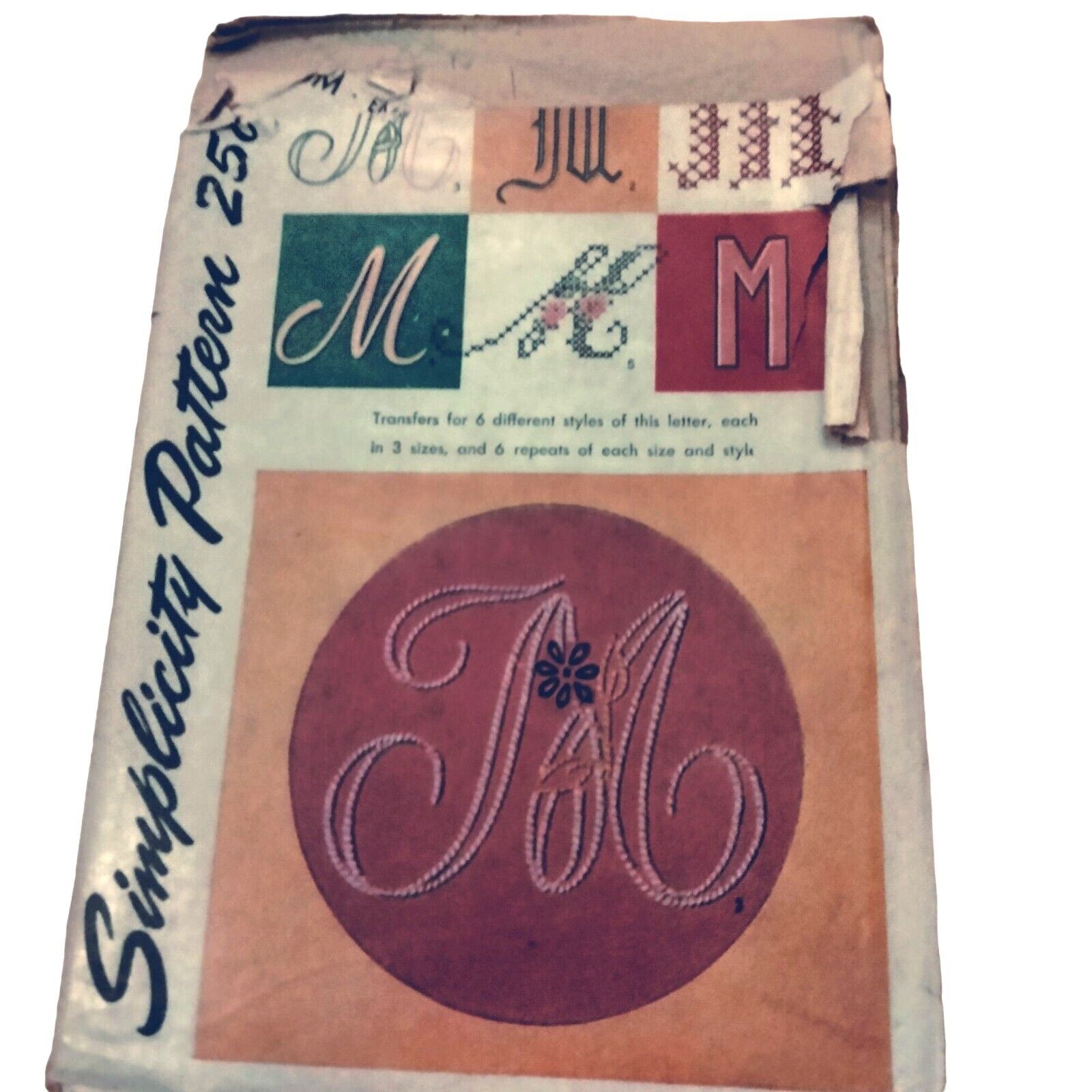Simplicity 4040 Embroidery Monogram Initial M 6 Transfers Vintage 1950 Uncut