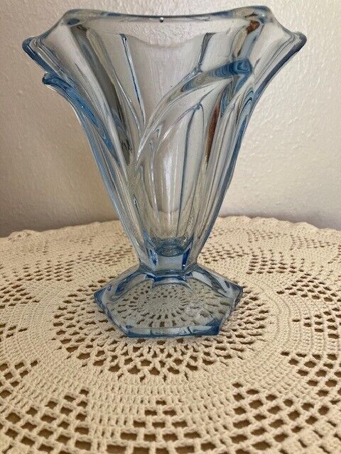 Vintage Iced Blue Depression Glass Flute Shaped Vase 1930s