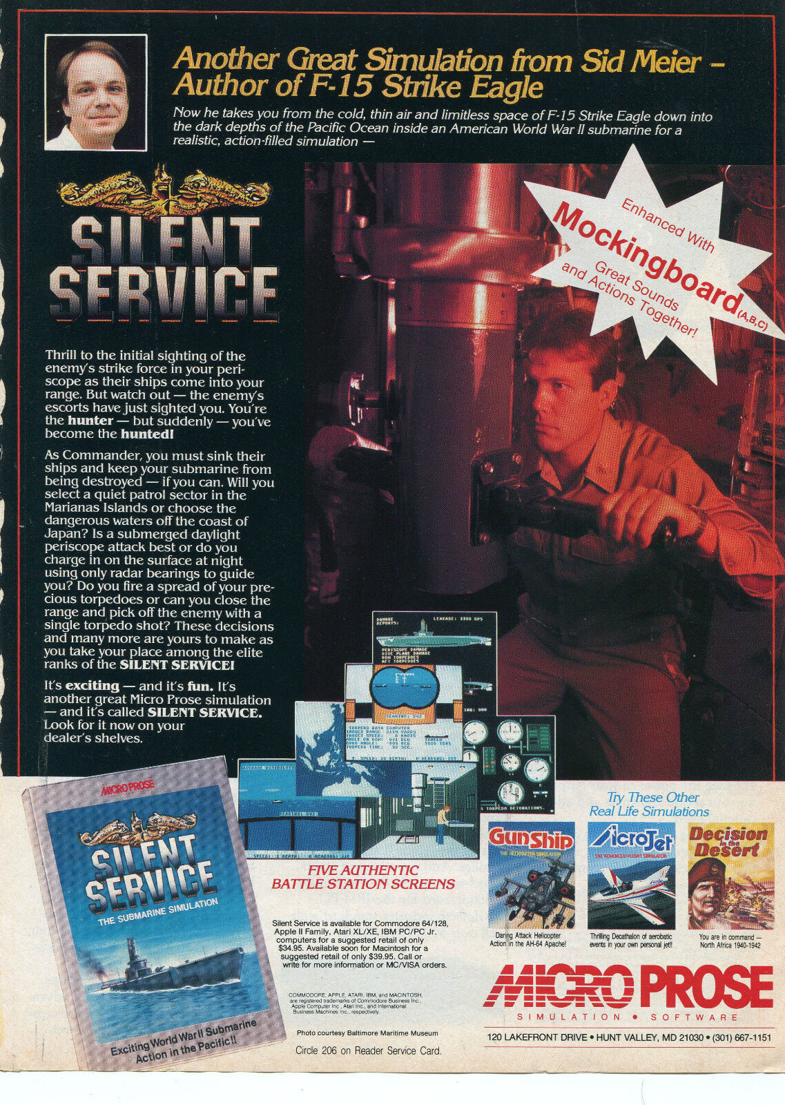 1986 Print Ad Micro Prose Silent Service WWII Submarine Simulation Computer Game