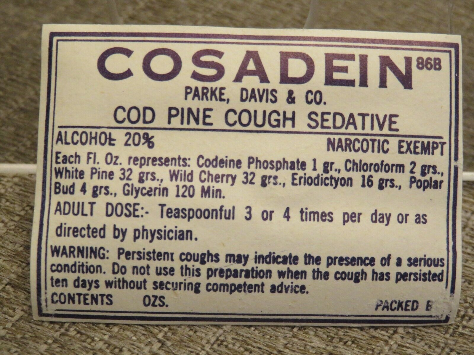 Vintage COSADEIN Codeine Phosphate Drug Store/Pharmacy Label (Unused)