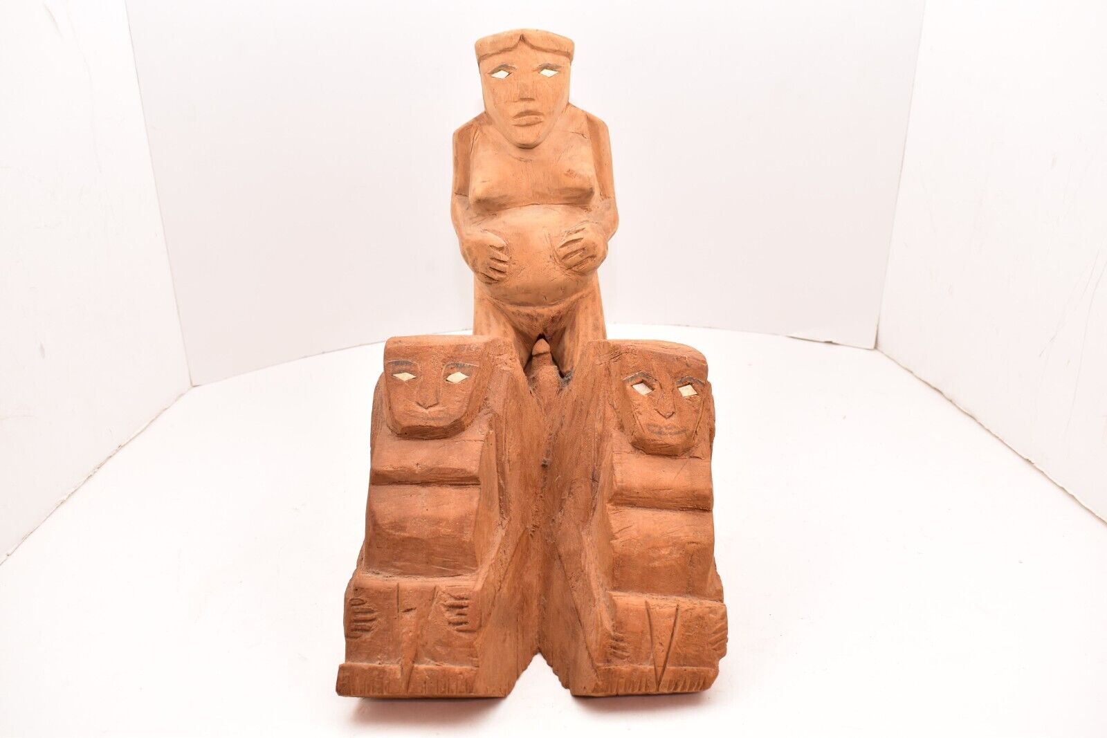 RARE Palau Micronesia Squatting FERTILITY Figure Pearl Eyes Statue Carved Wood
