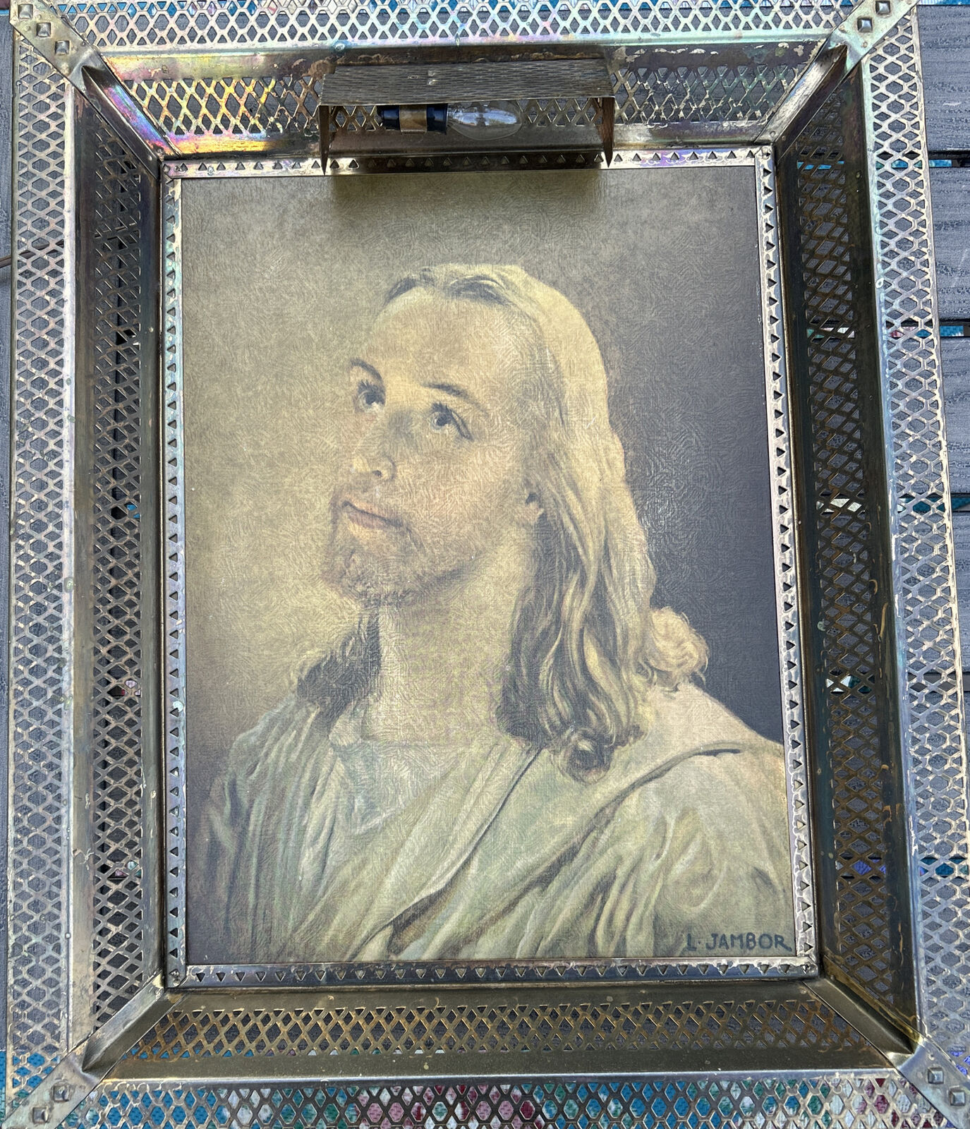 Vintage MCM Lenticular 3D Hologram Jesus Light Up Metal Frame Picture L Jambor