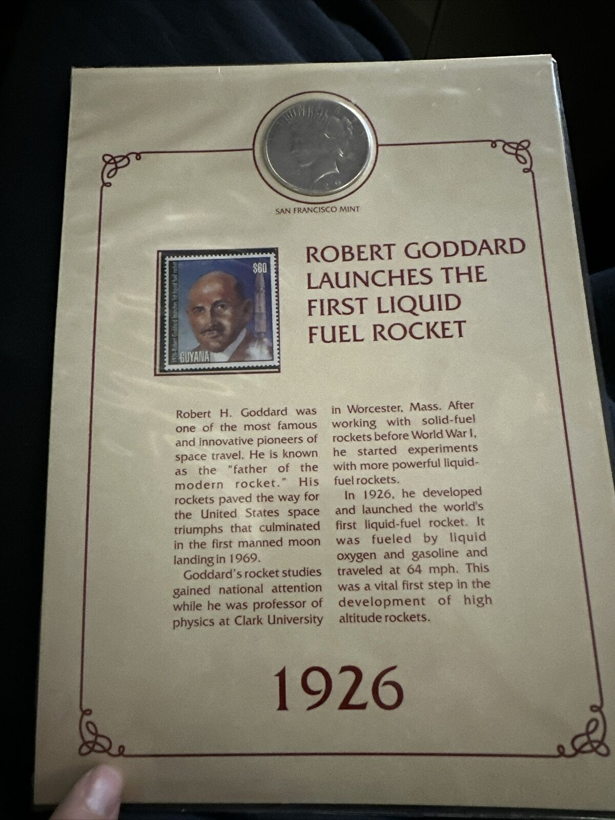 Robert Goddard launches the first liquid fuel rocket coin and stamp. 1926