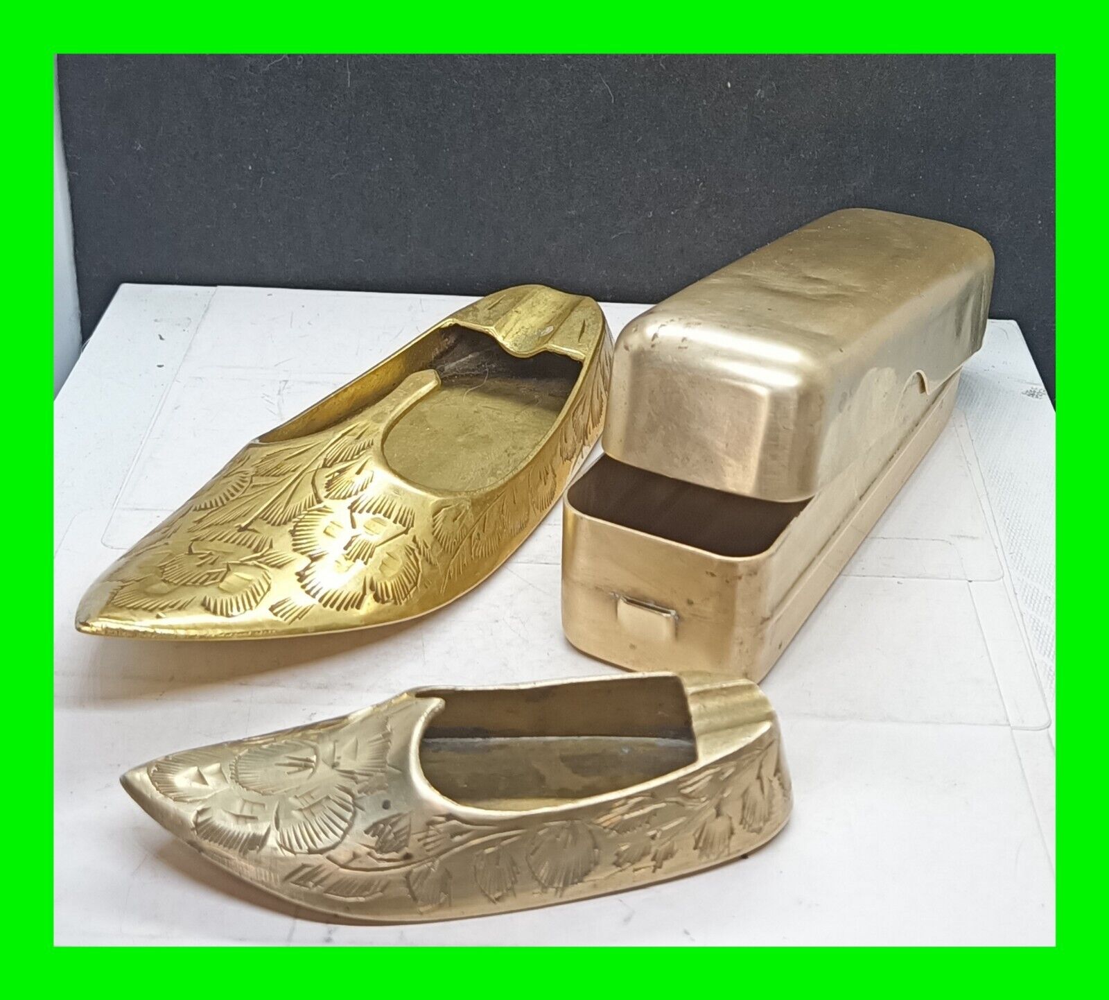 2x Vintage Etched Brass Genie Shoes & A Small Brass Box ~ Ashtray Incense Burner