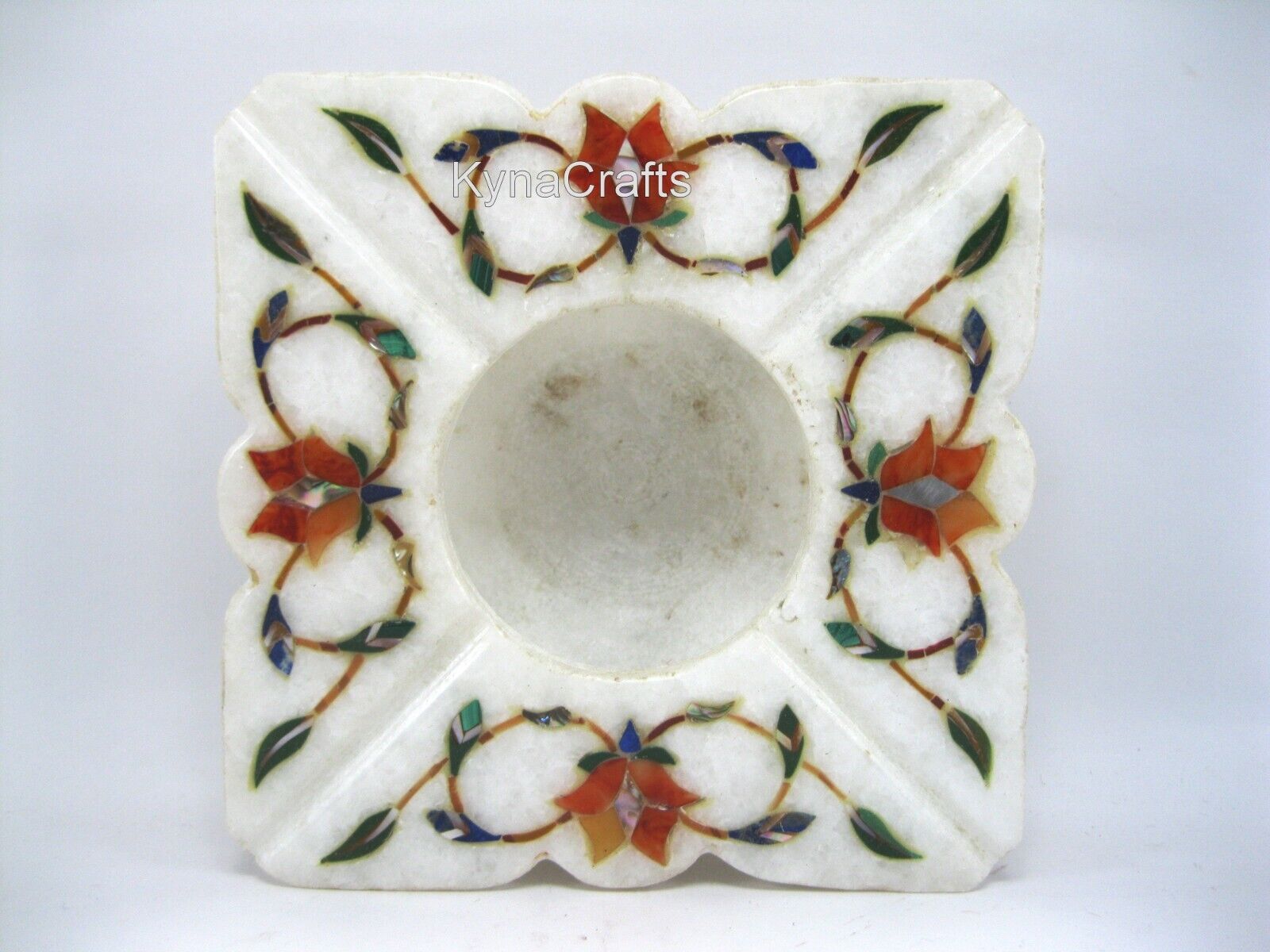 4.5 Inches Ashtray Inlaid with Carnelian Stone White Marble Table Master Piece