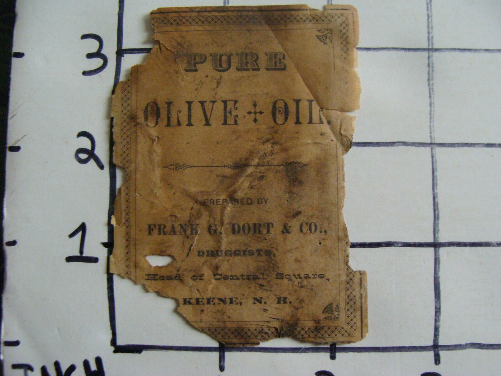 Orig Medicine label: 1800\'s PURE OLIVE OIL frank g. dort & co KEENE N.H.