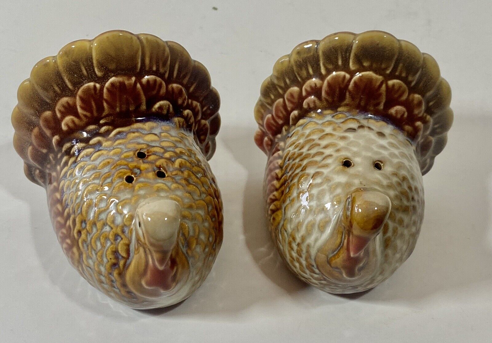 Vintage Turkey Gobbler Hen Salt Pepper Hand Painted Earthtones Thanksgiving Fall