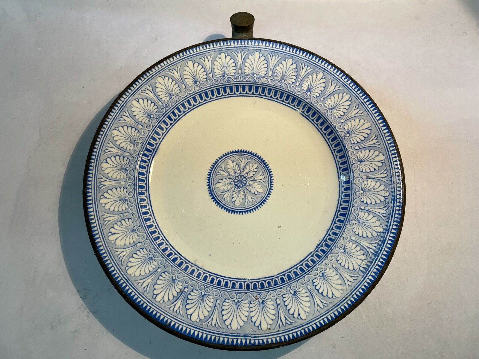 Antique Porcelain Hot Water Warming Plate Metal Base Light Blue and White 