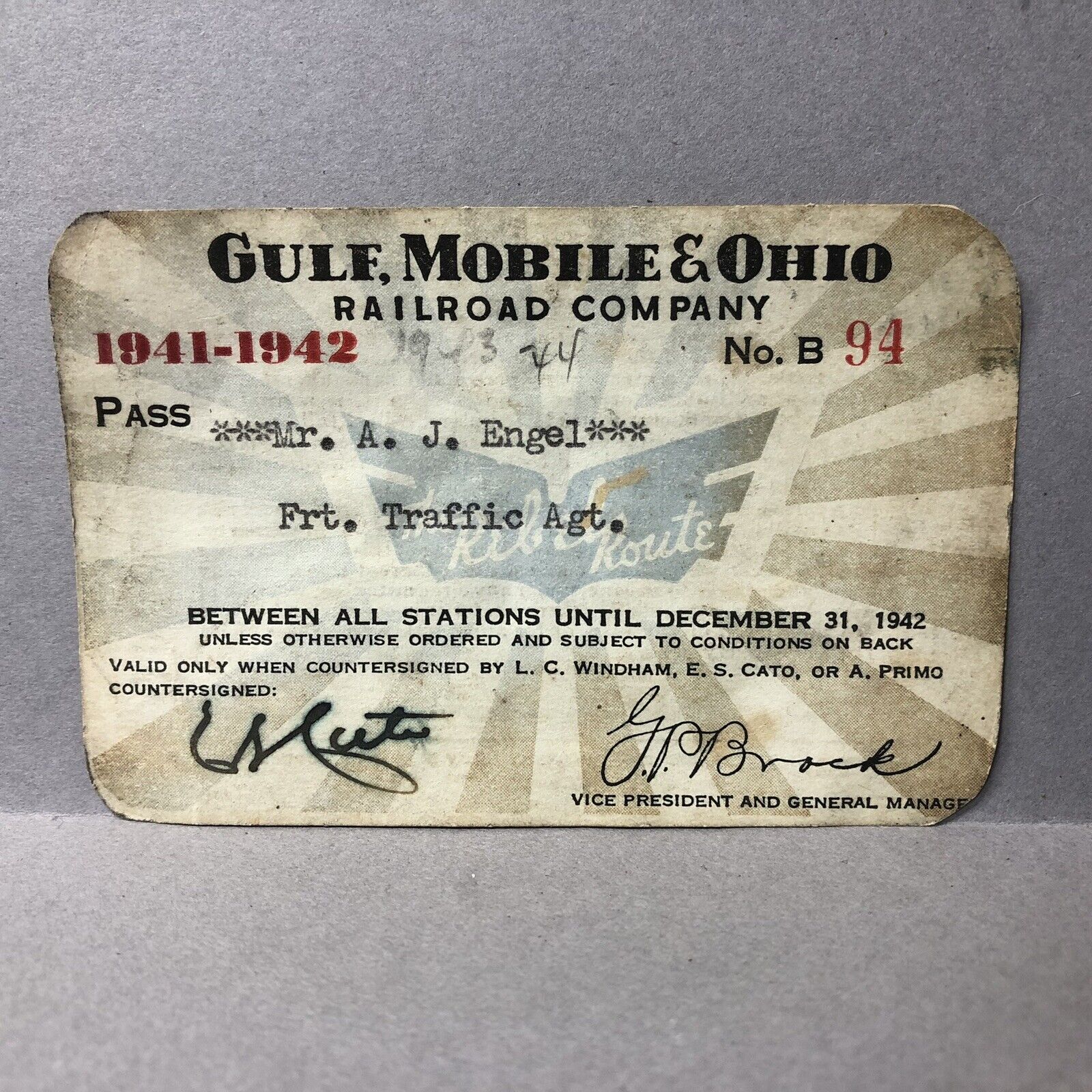 Vintage Gulf Mobile and Ohio Railroad Company Pass Ticket 1941 - 1942 Ephemera