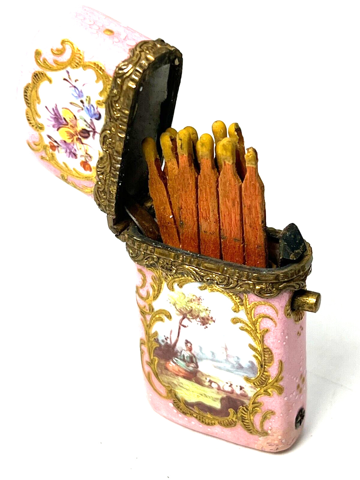 Antique France Hand Painted Porcelain Women's Vesta/Match Case  Scene Detail