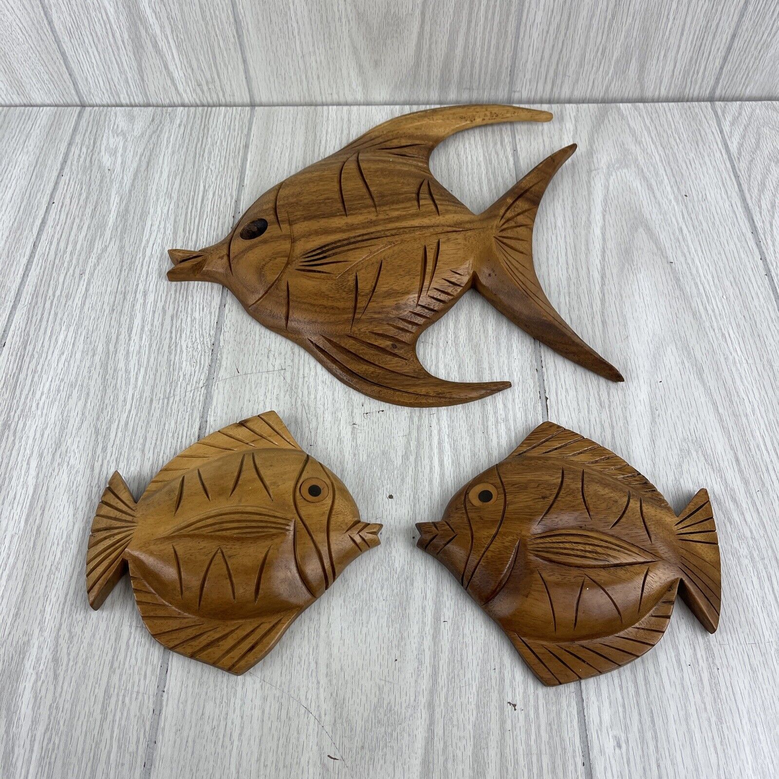 TRIO Vintage Blair Hawaii Monkey Pod Wood Hand Carved Angel Fish Wall Art Signed