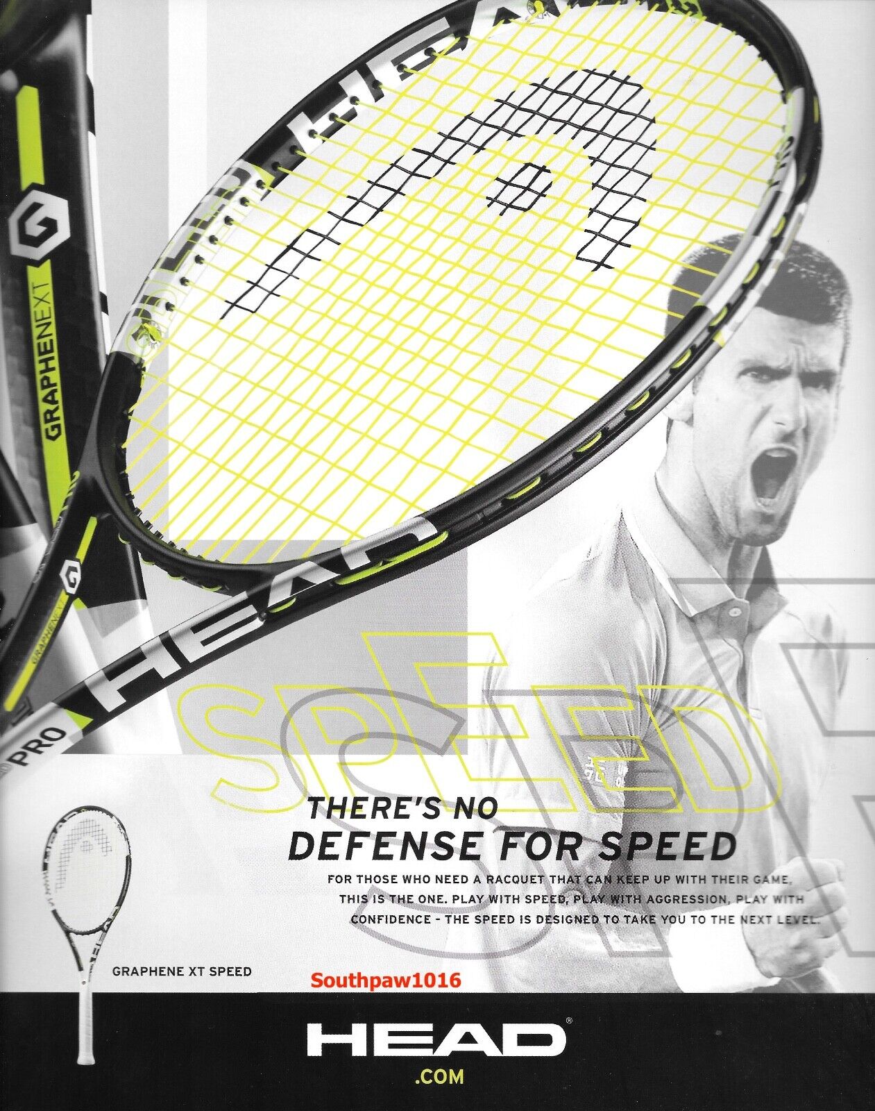 2016 Head Graphene XT Speed Tennis Racquet Novak Djokovic Original Print Ad