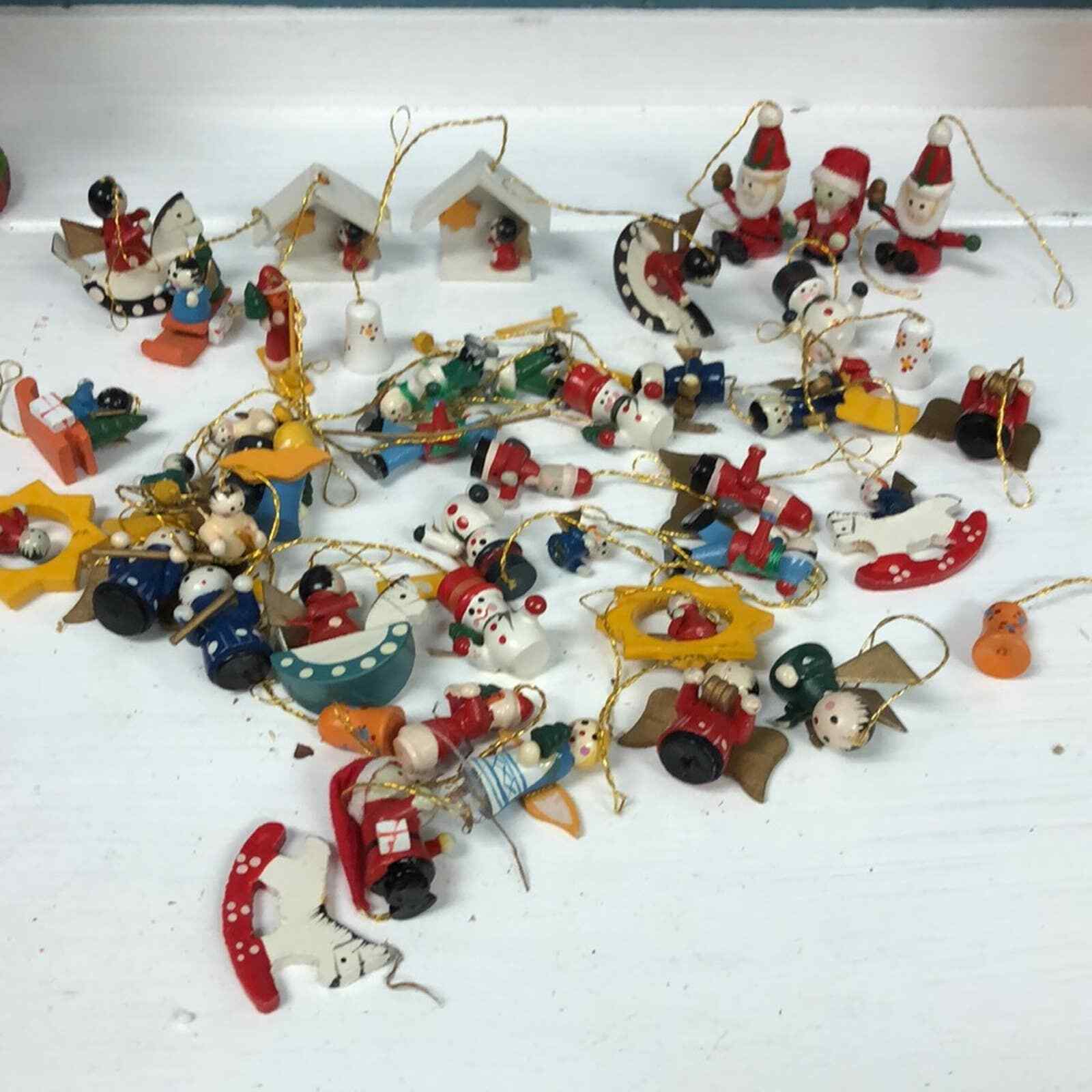 Vintage Miniature tiny Wooden Christmas tree Ornaments 45 pieces angels bells +