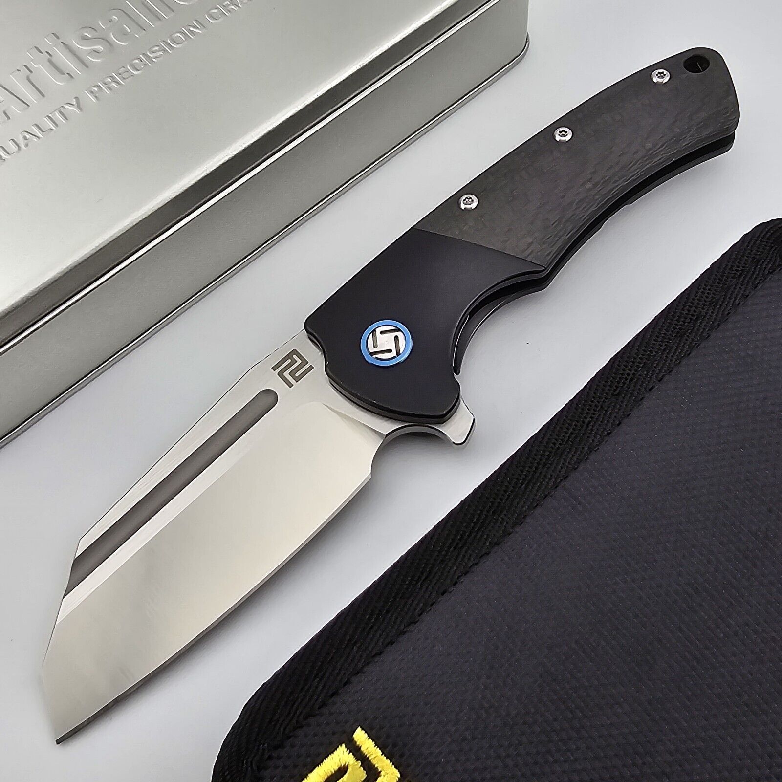 Artisan Cutlery Mastiff Folding Knife S35VN Black Titanium Bolsters Carbon Fiber