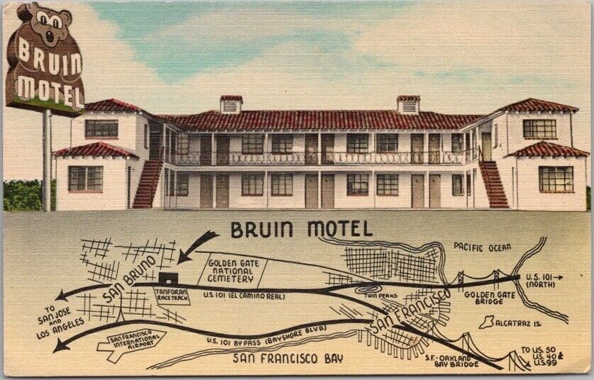 SAN BRUNO, California Postcard BRUIN MOTEL Highway 101 Roadside Map Linen c1950s