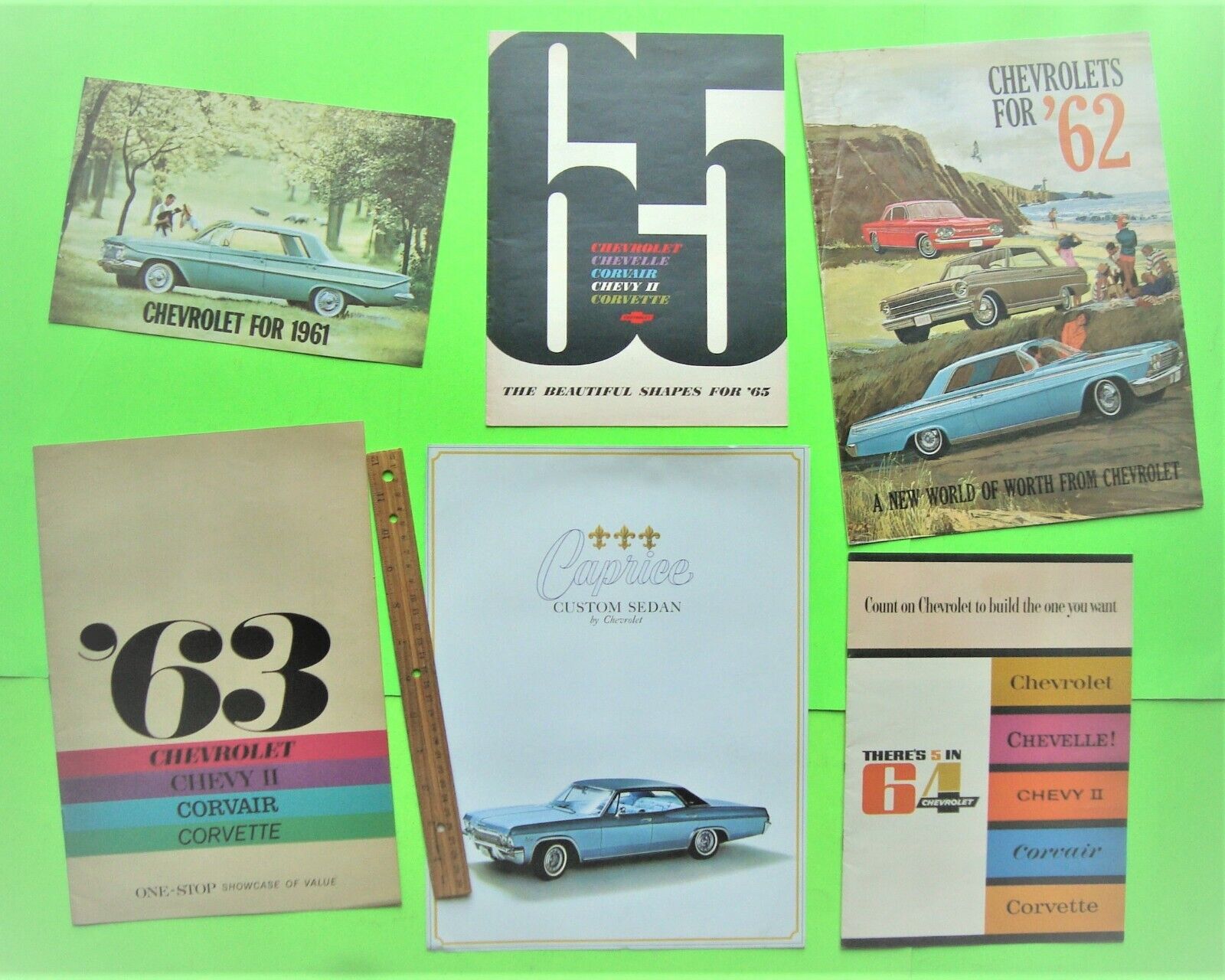 Lot/6 Diff 1961 to 65 CHEVROLET COLOR BROCHURES 88-pg IMPALA SS Corvair CORVETTE