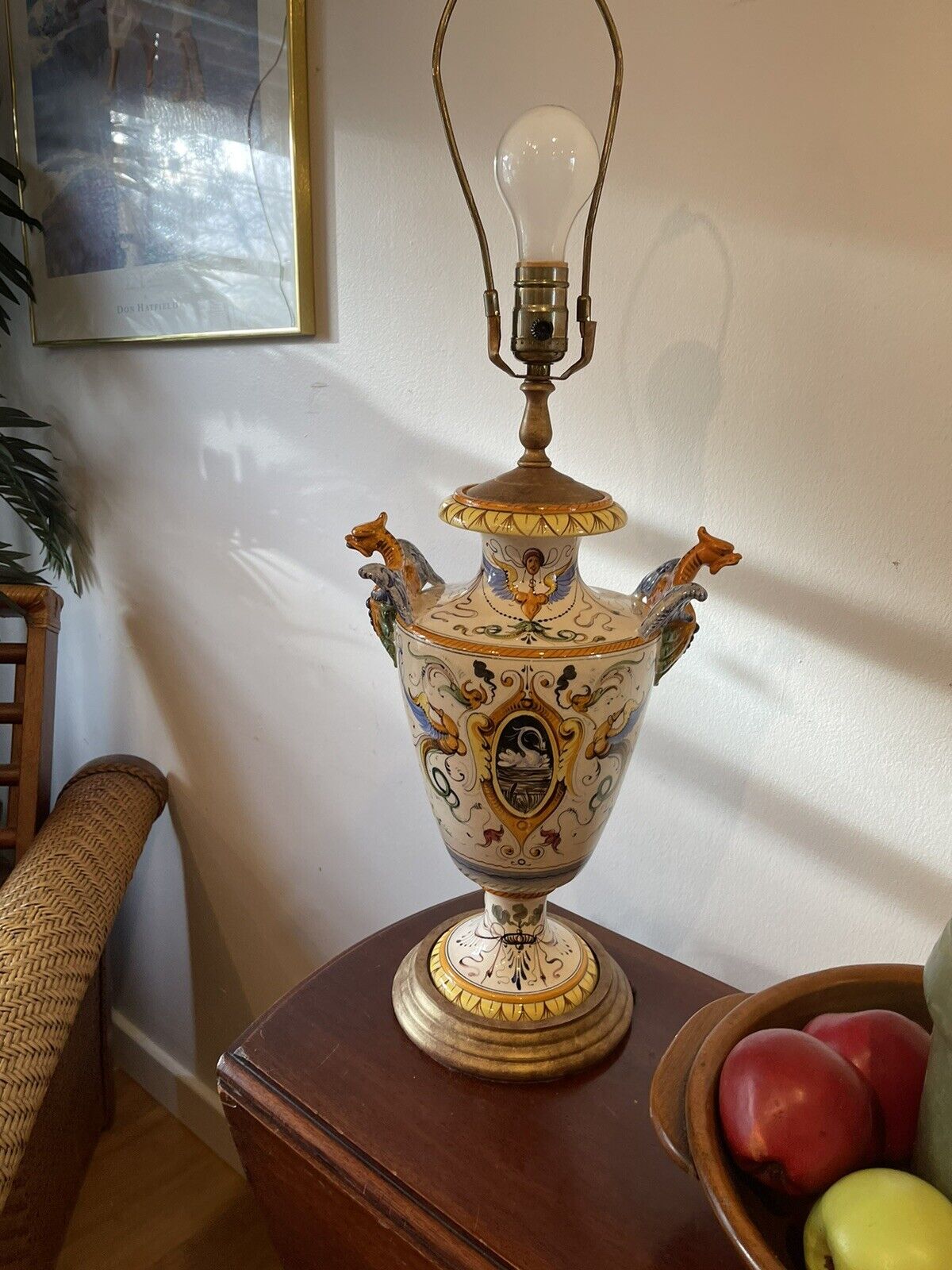 Large Vintage 1930s Italian Hand Painter Yellow/Multi Color  Magolica Vase Lamp