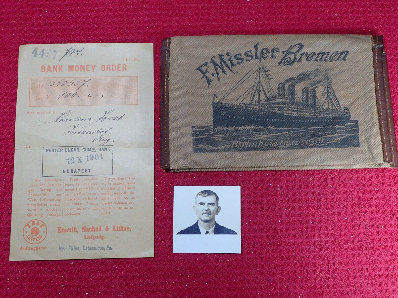 Antique 1901 F. Missler Passenger Steamship Ticket Pouch with Paper Work