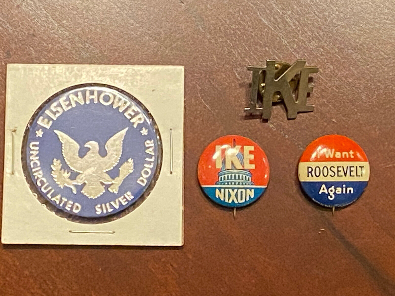 Vtg Political Button Pin Lot IKE, 1952 Pin Roosevelt & Nixon, IKE Silver Dollar