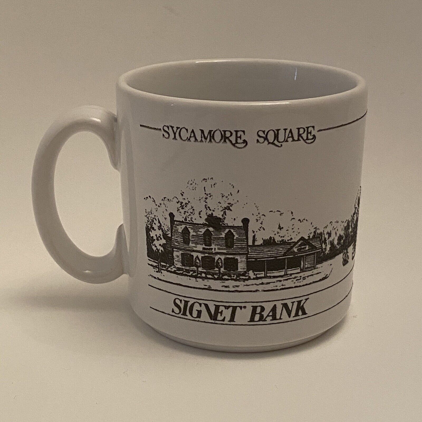Signet Bank Coffee Mug Sycamore Square white Mug 12 OZ Stoneware England 