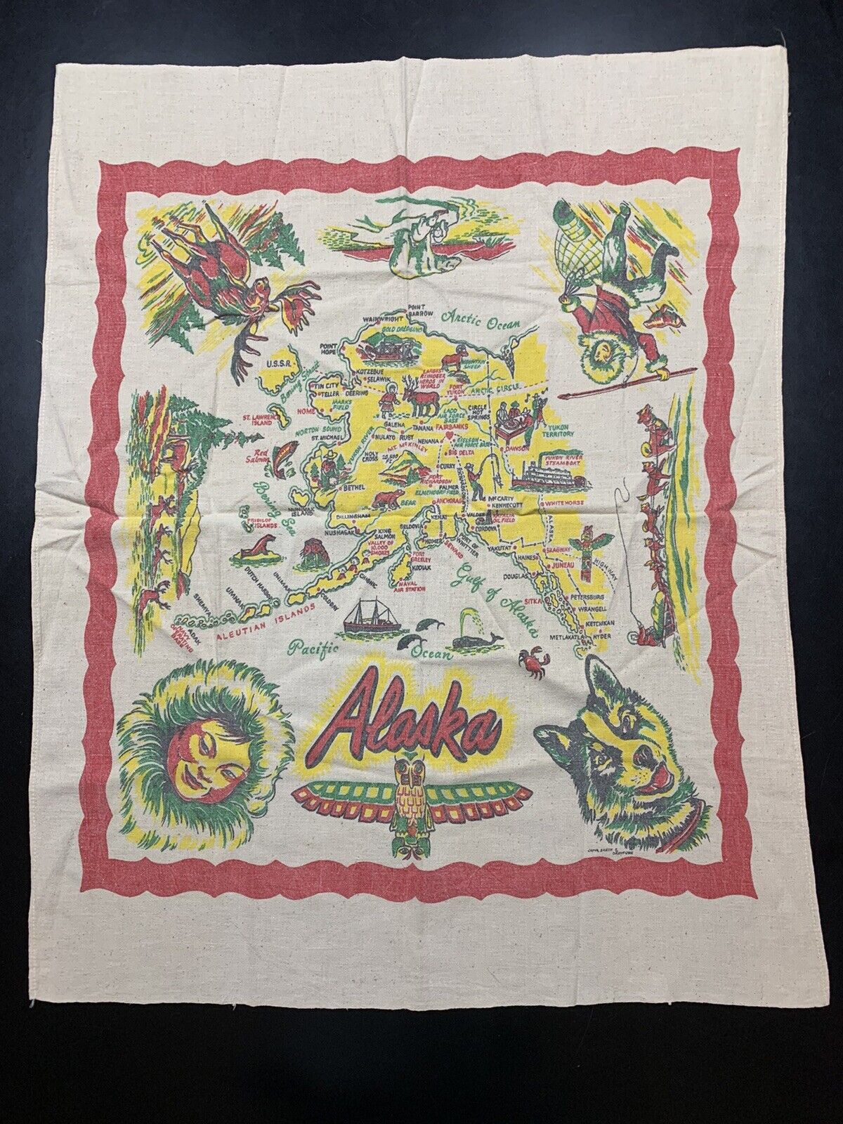 Vintage Alaska 1950\'s State Souvenir Tablecloth Art Linen 38x31 Bright graphics